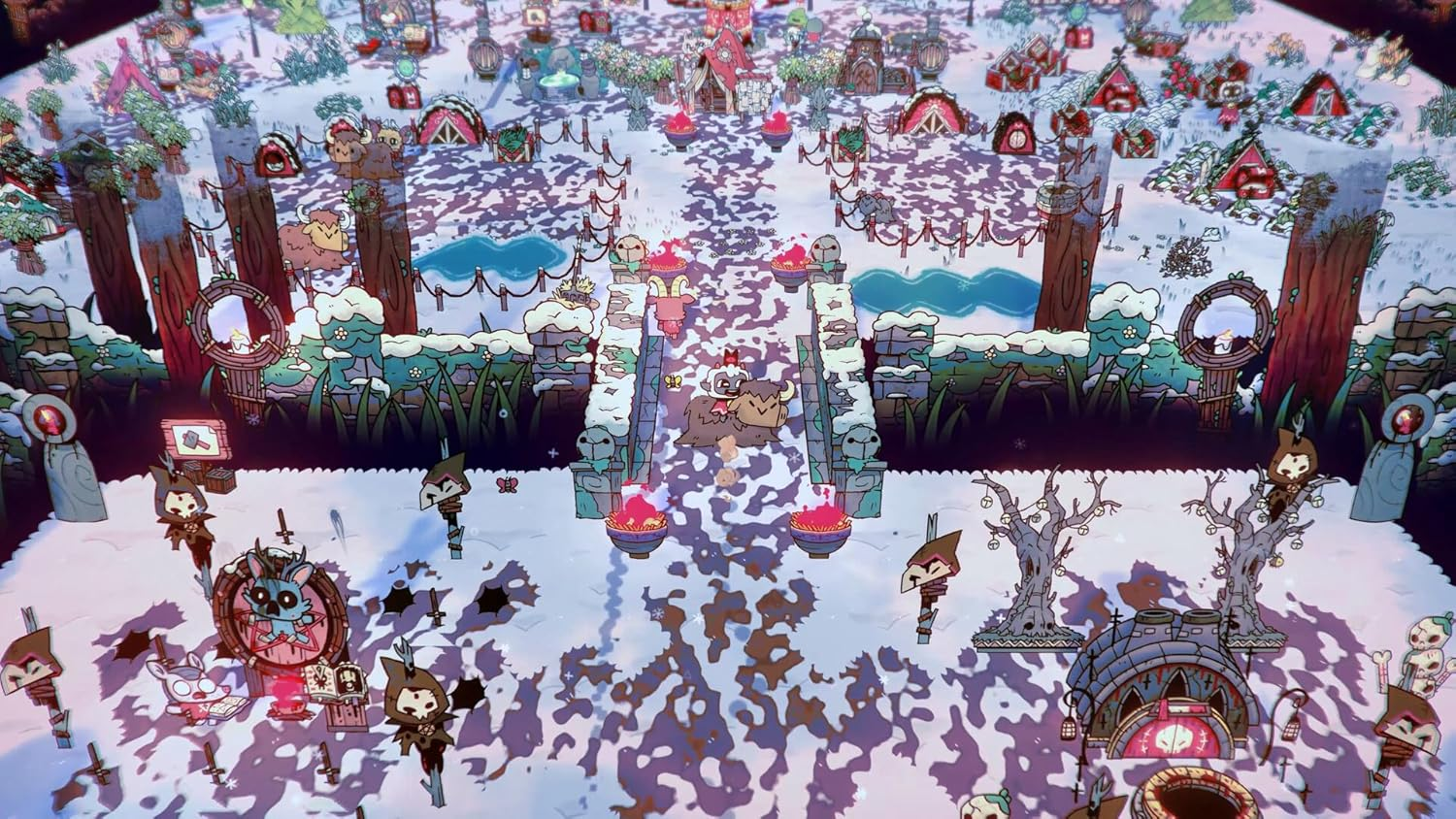 Winterdorf mit Schnee, winzigen Häusern und cartoonartigen Kreaturen auf einem Pfad.