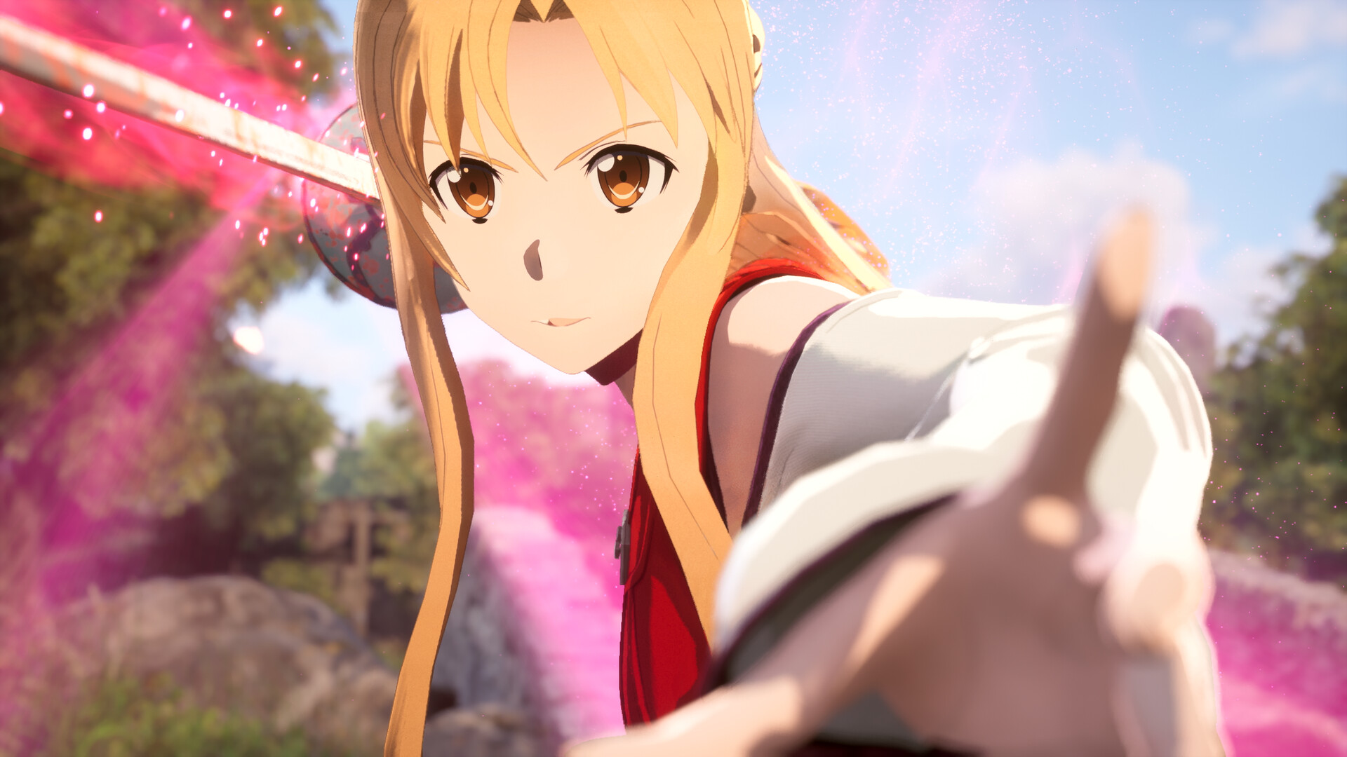 Eine Anime-Heldin mit blonden Haaren, die ein Schwert hält, umgeben von rosa Energie.