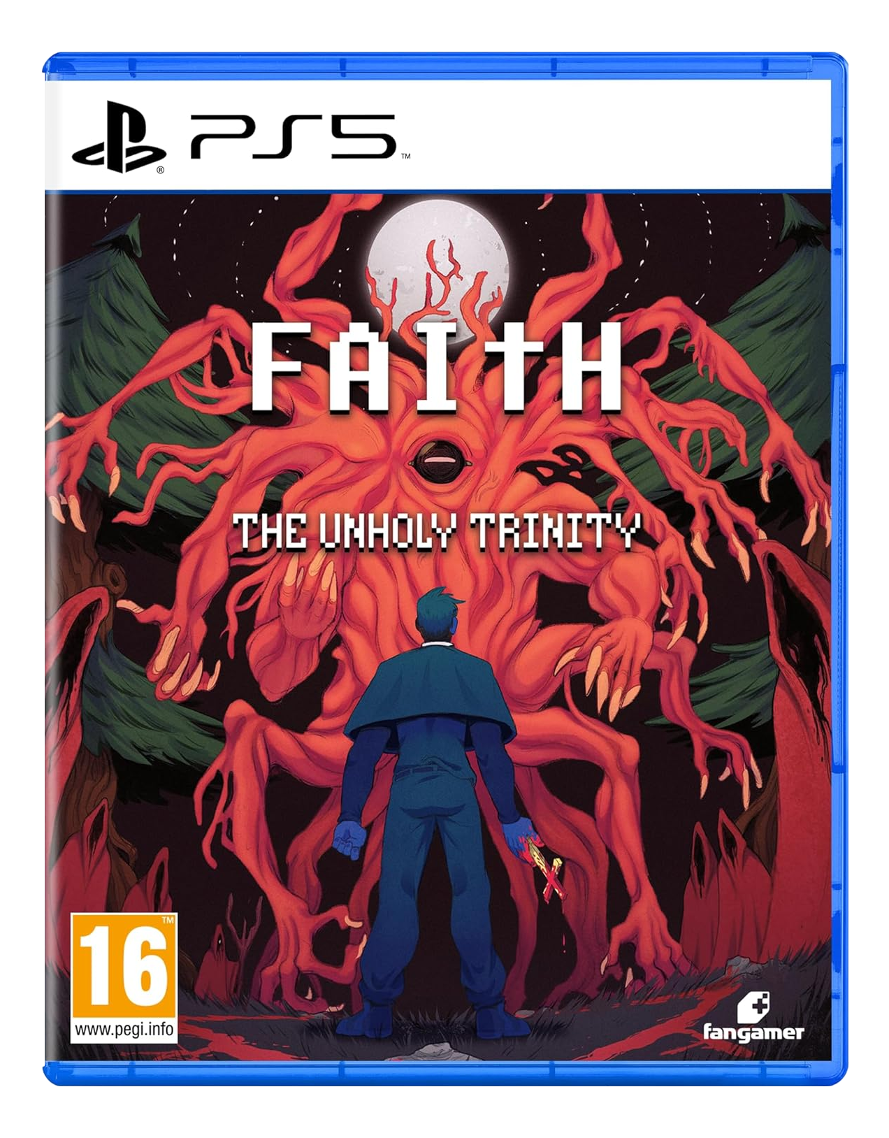 Ein Mann steht vor einem riesigen roten Monster unter dem Mond. PS5 Spielcover.