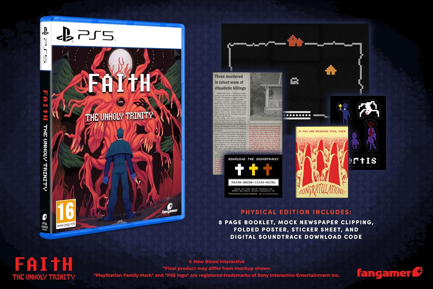 PS5 Spiel "Faith: The Unholy Trinity" mit Beilage und digitalem Soundtrack.