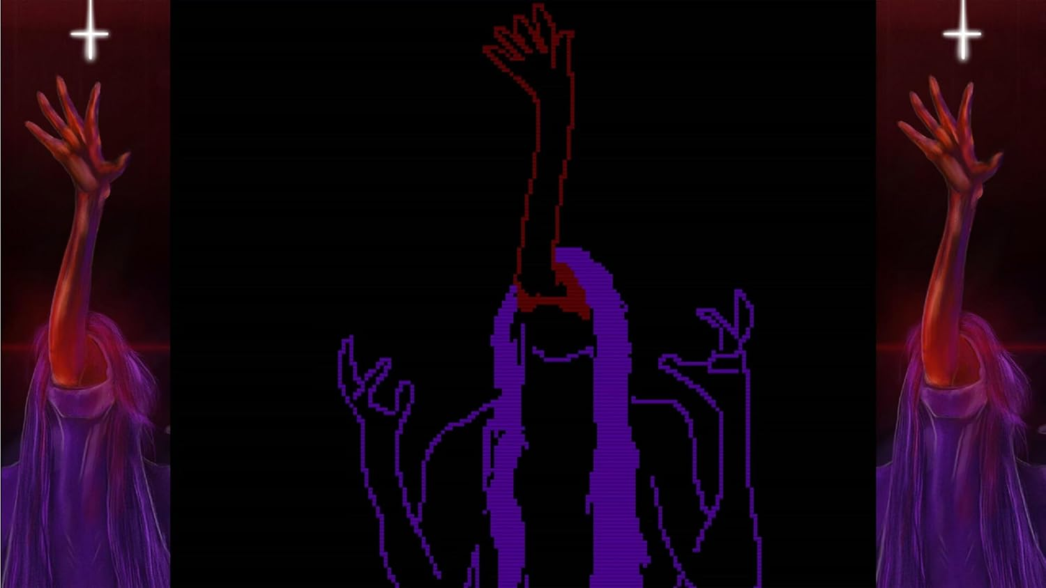 Eine pixelige Figur mit erhobenen Armen und einem roten Arm, der aus dem Kopf ragt.