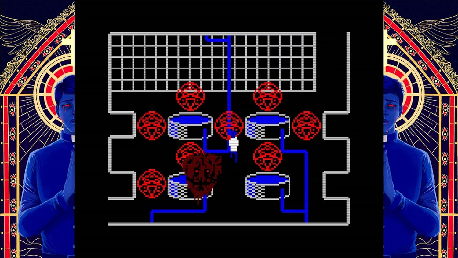 Pixelgrafik mit blauer Figur und mystischem Hintergrund.
