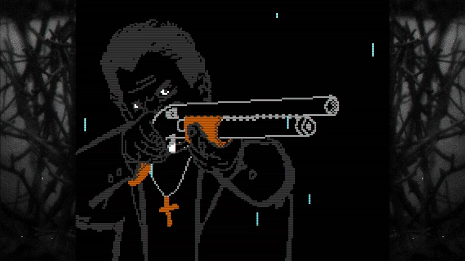 Pixel-Art-Figur mit Gewehr und Kreuzkette vor dunklem Hintergrund mit Ästen.
