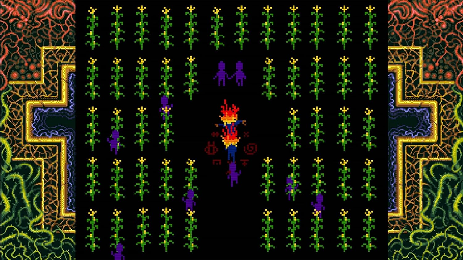 Pixel-Art-Szene: Grüne Pflanzen mit gelben Blumen, brennende Figur, lila Figuren, verzierte Ränder.
