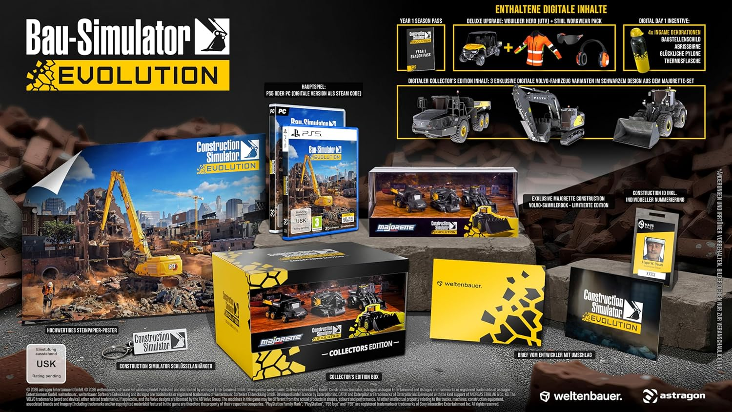 Werbebild für das Spiel "Bau-Simulator Evolution" mit Spielverpackungen und Sammlerstücken.