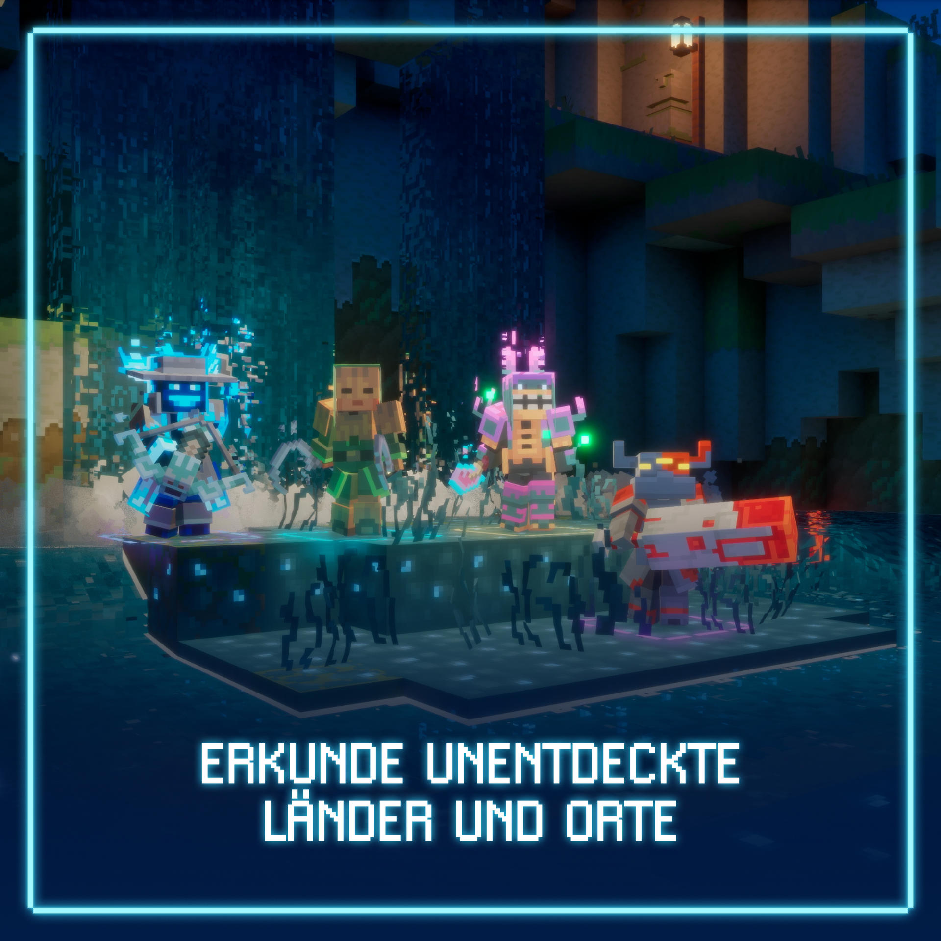 Fünf pixelige Charaktere stehen auf einer Plattform in dunkler Umgebung.