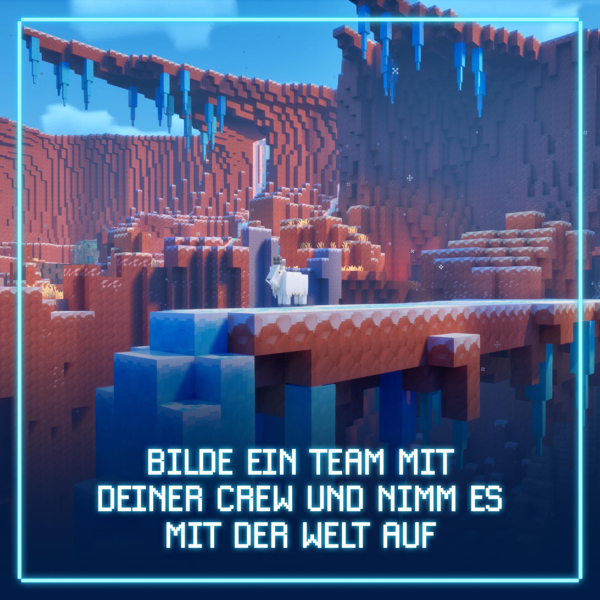 Ein weißes Tier steht auf einer felsigen, roten Landschaft mit blauen Eiszapfen.