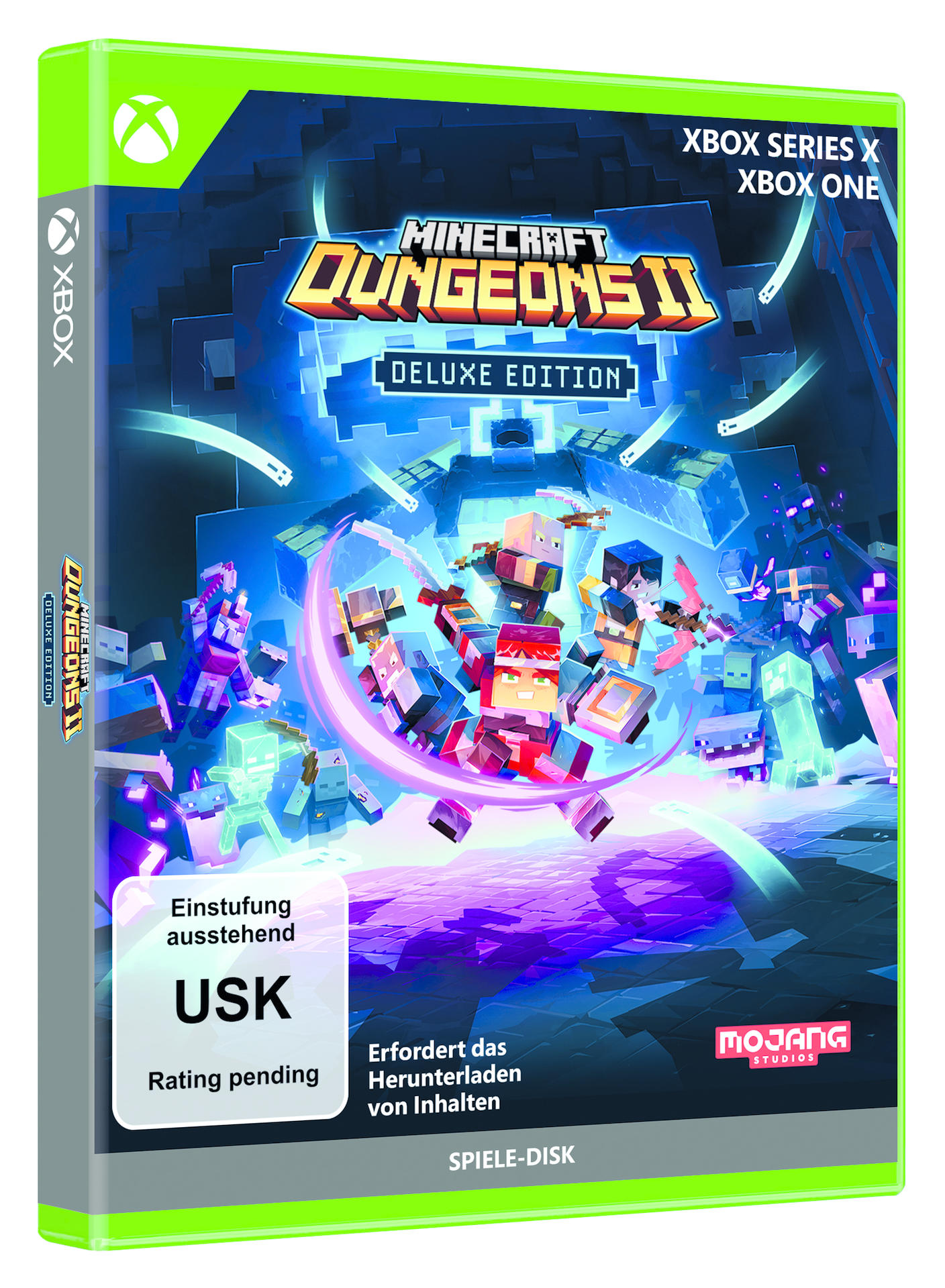 Minecraft Dungeons II Deluxe Edition Cover mit Charakteren, Xbox Logo und USK-Rating.