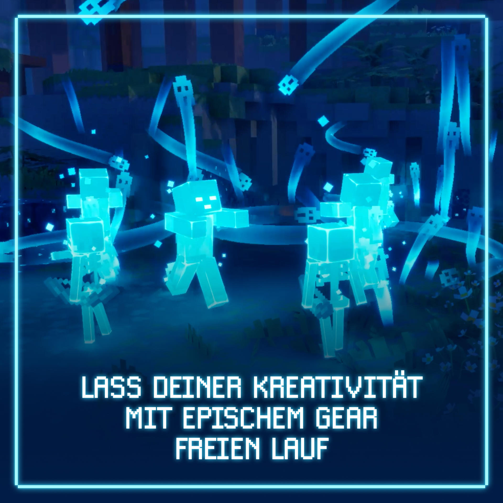 Geisterhafte Minecraft-Figuren in einer dunklen Waldumgebung. Leuchtende blaue Akzente.