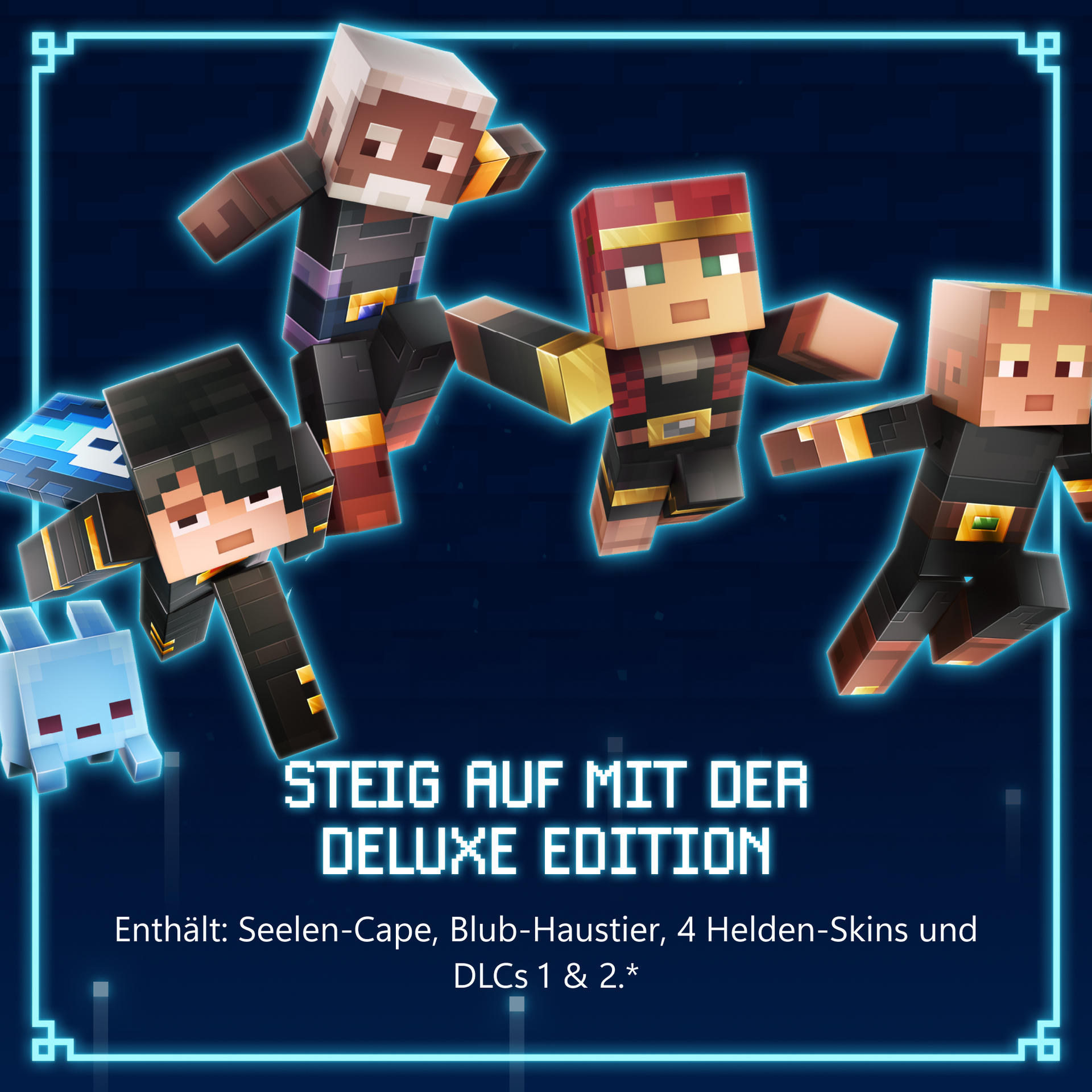 Vier Minecraft-Charaktere mit einem blauen Geistwesen. Text: Deluxe Edition.