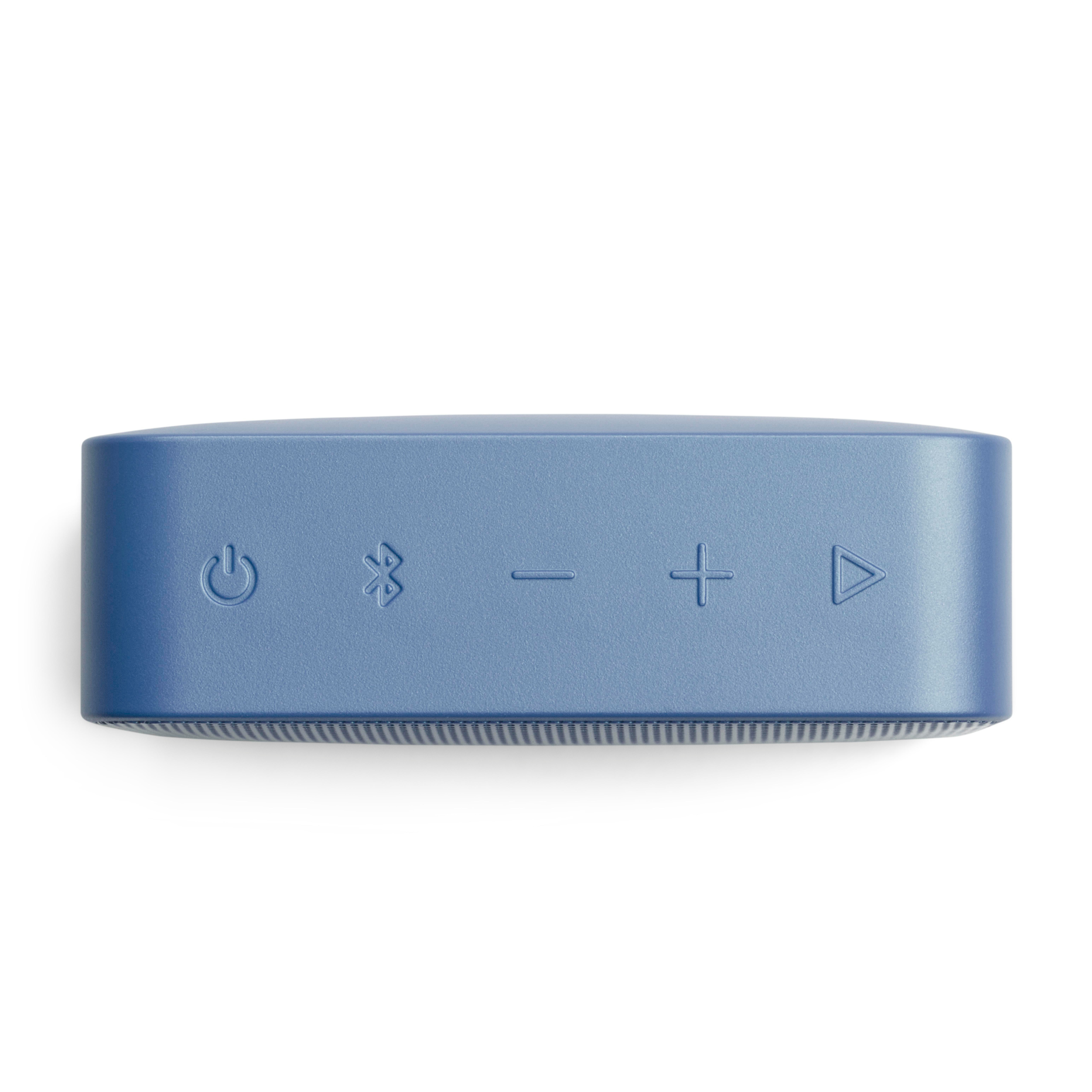 Eine blaue Lautsprechereinheit mit Bedienelementen wie Ein/Aus, Bluetooth, Lautstärke und Wiedergabe.