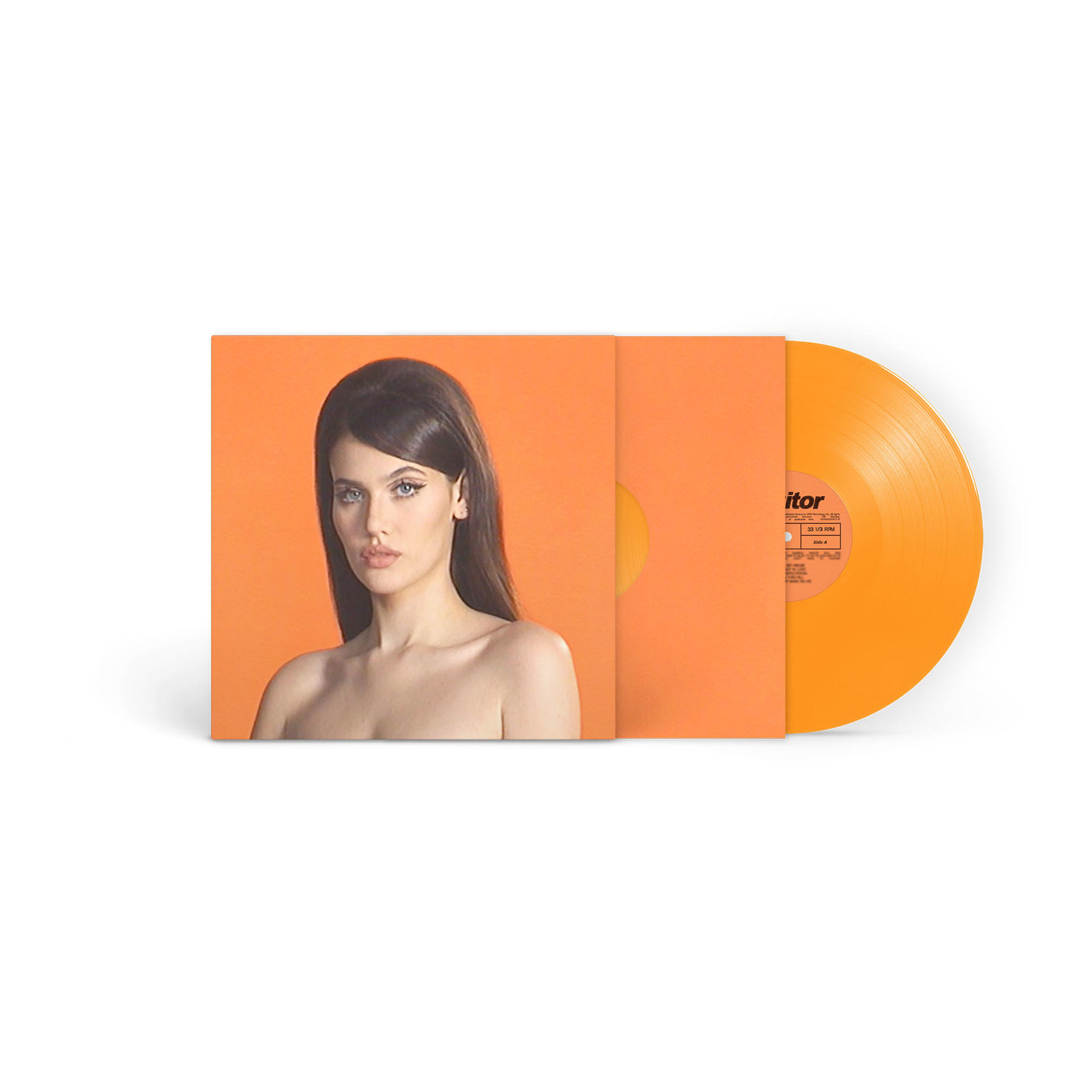 Ein orangefarbenes Vinyl-Schallplatten-Cover mit einem Porträt einer Frau und einer Schallplatte.