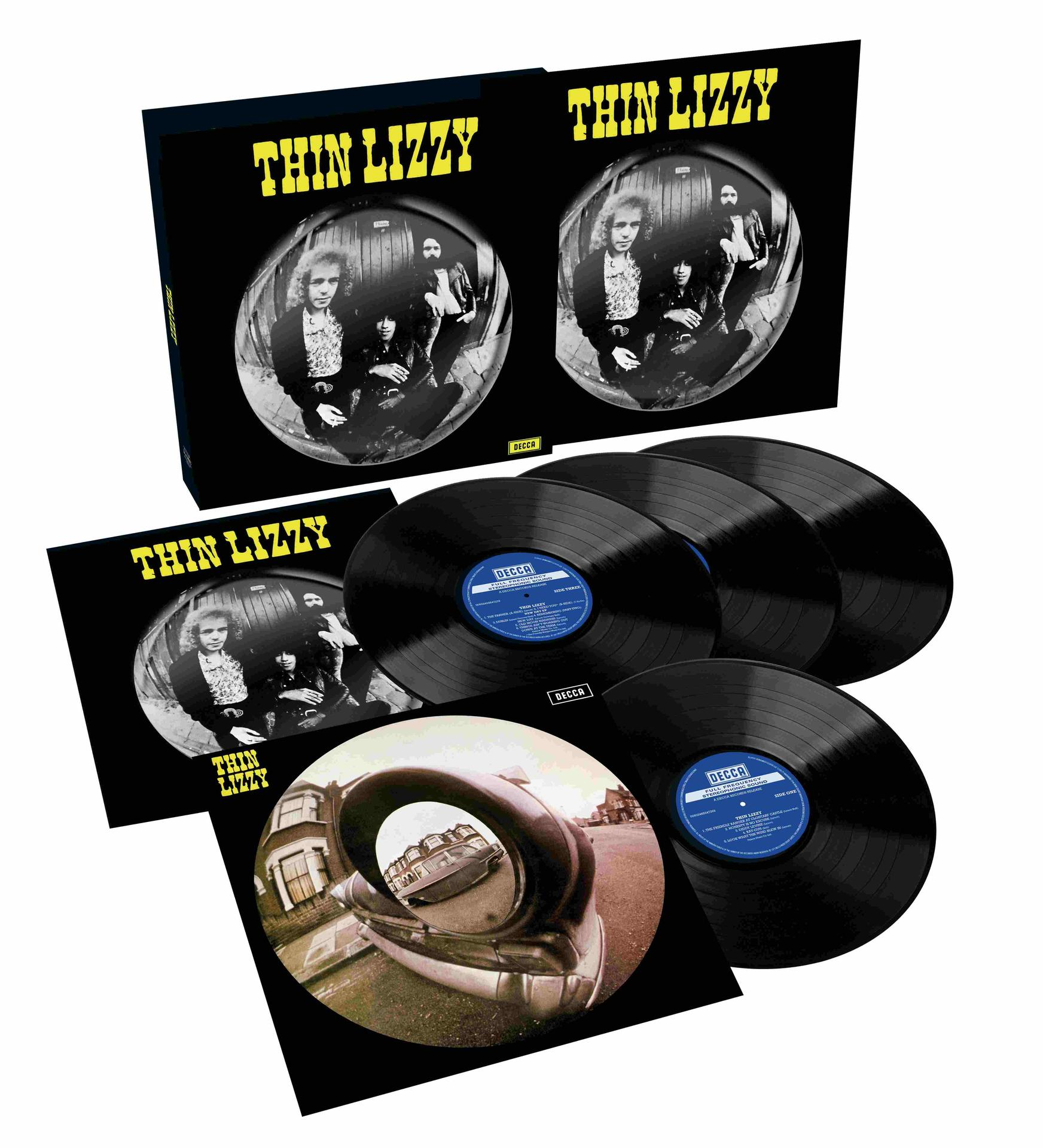 Thin Lizzy Schallplatten-Box mit vier schwarzen LPs und Cover-Art.