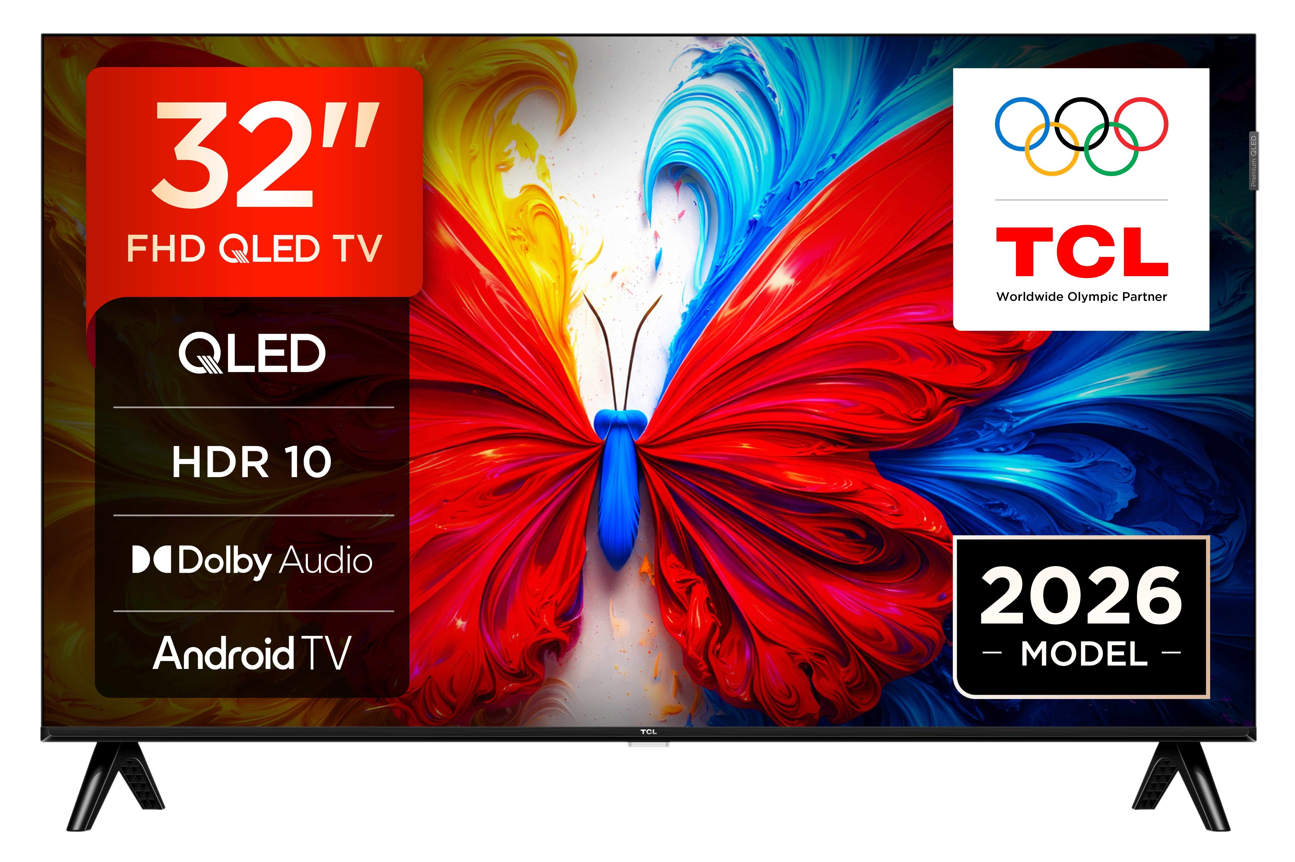 Telewizor TCL QLED 32 cale z żywym obrazem motyla. Funkcje: QLED, HDR 10, Dolby Audio, Android TV.