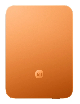 Gładki pomarańczowy prostokąt z zaokrąglonymi rogami i logo Xiaomi.