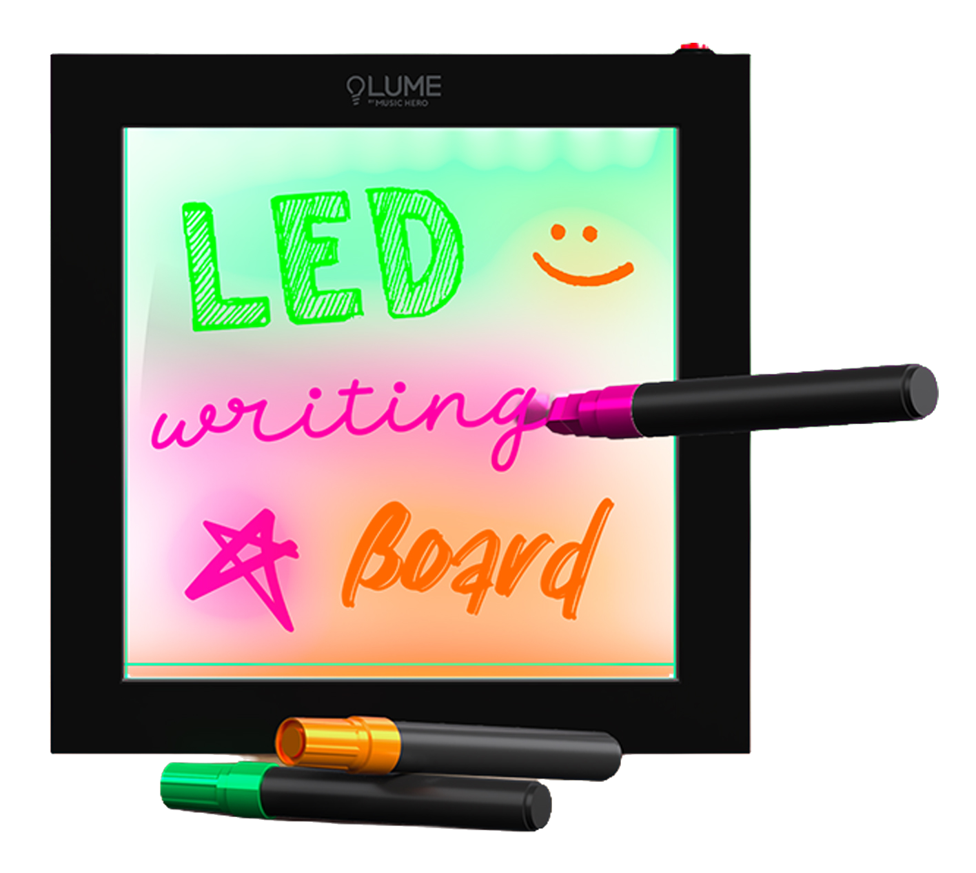 Świecąca tablica z napisem 'LED writing Board' i uśmiechem. Dwa pisaki na dole.