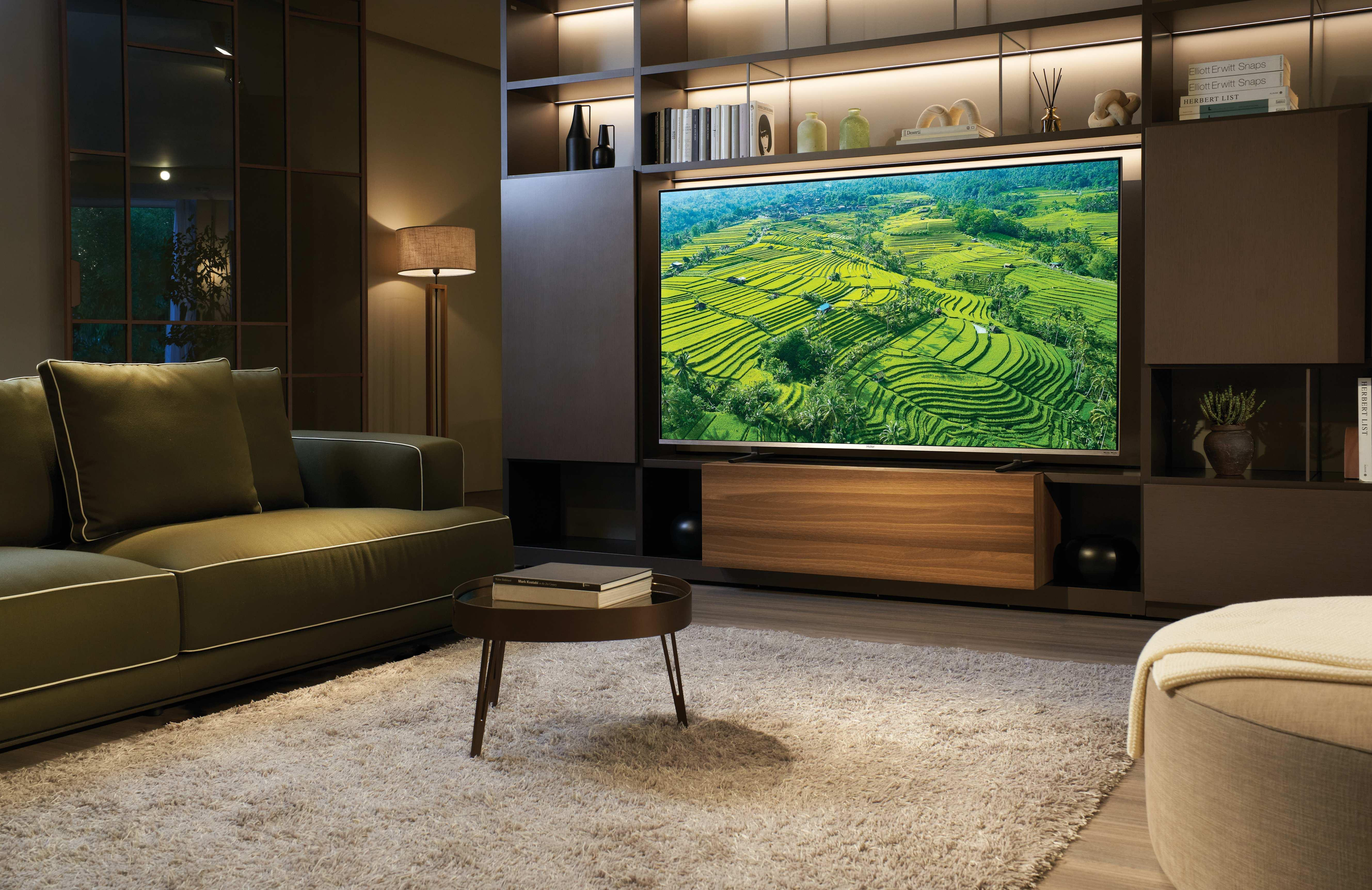 Sala de estar con sofá, mesa de centro y TV mostrando terrazas de arroz.