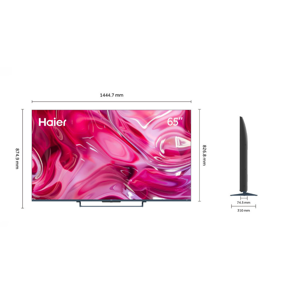 Un televisor Haier de 65 pulgadas con dimensiones mostradas. Vista lateral muestra perfil delgado.