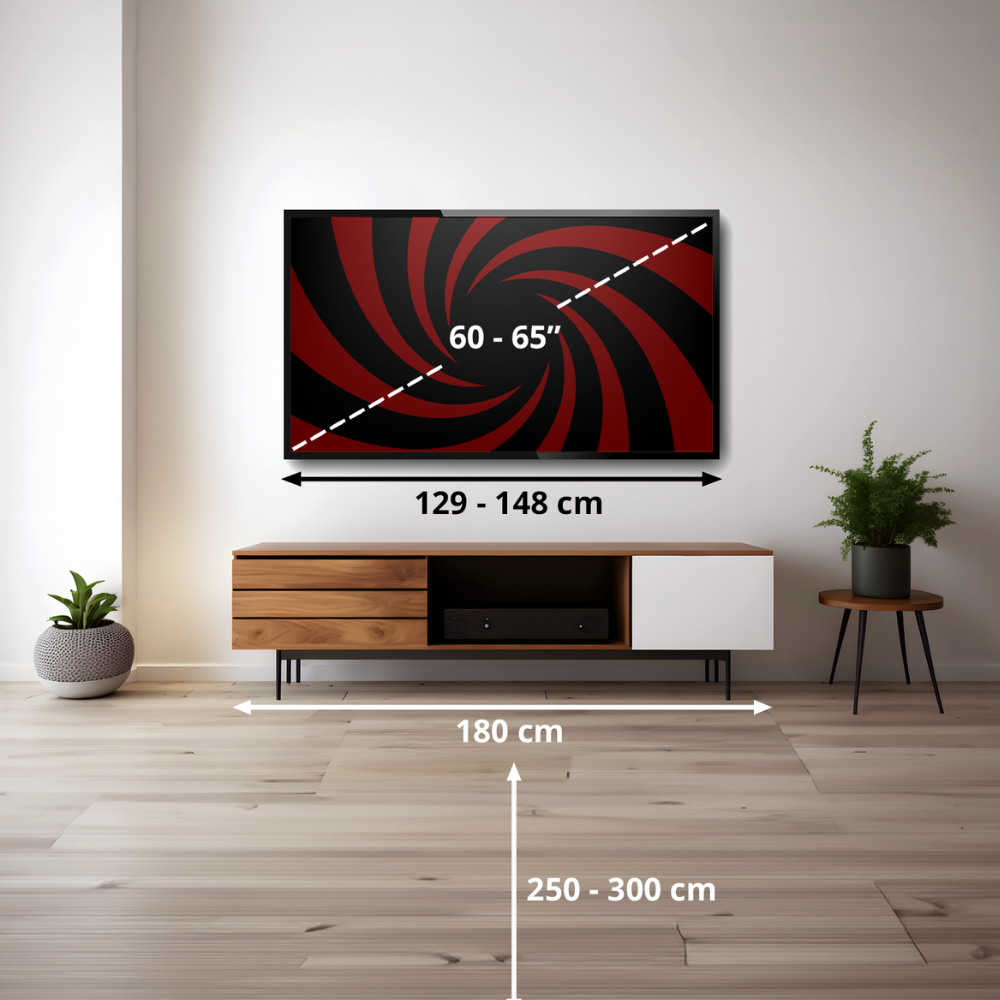 Tamaño de pantalla TV 60-65 pulgadas. Dimensiones mueble TV 180cm ancho, 129-148cm ancho TV.