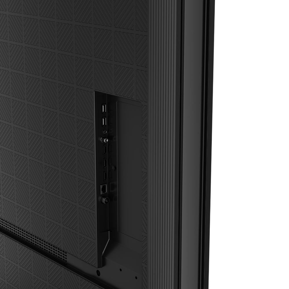 Primer plano del panel trasero texturizado de un televisor negro con varios puertos.