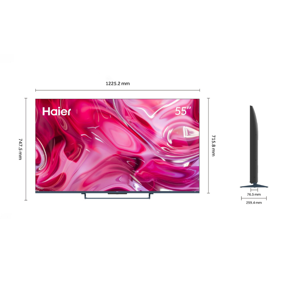 Un televisor Haier de 55 pulgadas con pantalla abstracta rosa y blanca, con dimensiones.