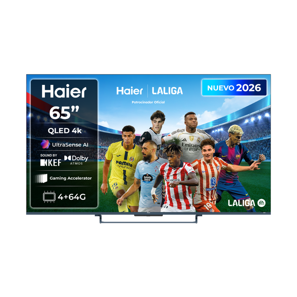 Haier 65" QLED 4K. Nuevo 2026. Patrocinador oficial LaLiga. UltraSense AI, Sound by KEF, Dolby Atmos, Gaming Accelerator, 4+64G.