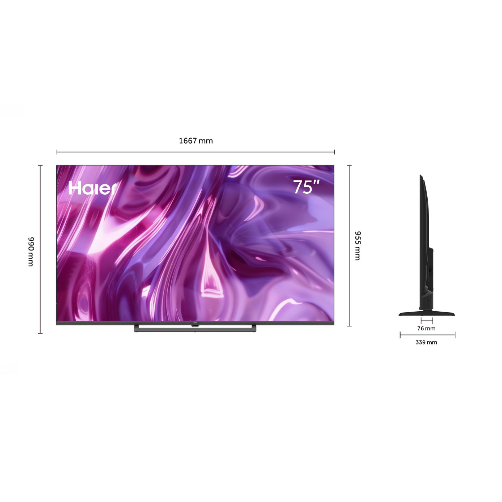 Dimensiones TV Haier 75": 1667mm ancho, 990mm alto, 76mm profundo. Vista lateral muestra 955mm altura.
