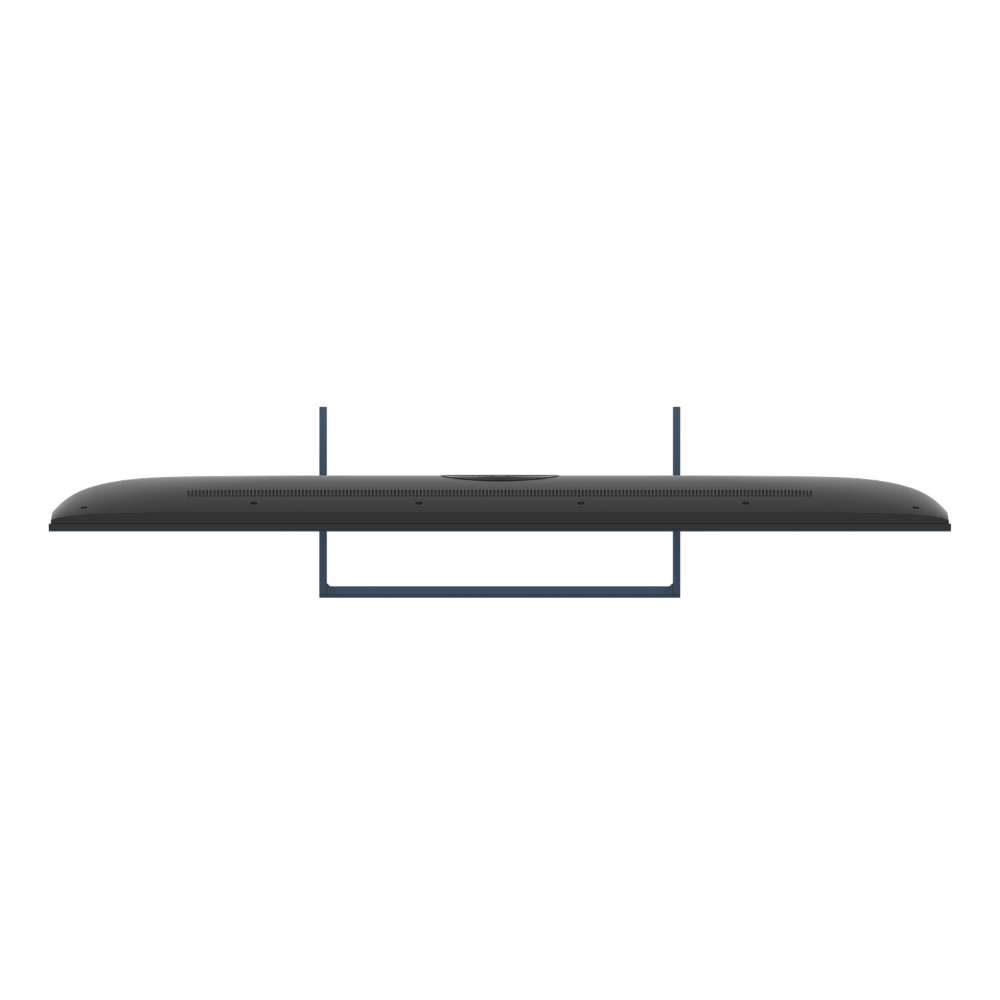 Un televisor negro descansa sobre un soporte azul sobre fondo negro.