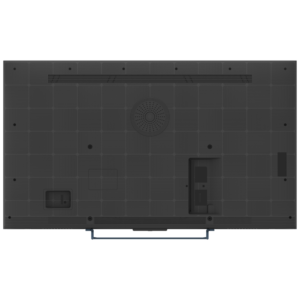 Parte trasera de un televisor negro con rejillas y puertos.