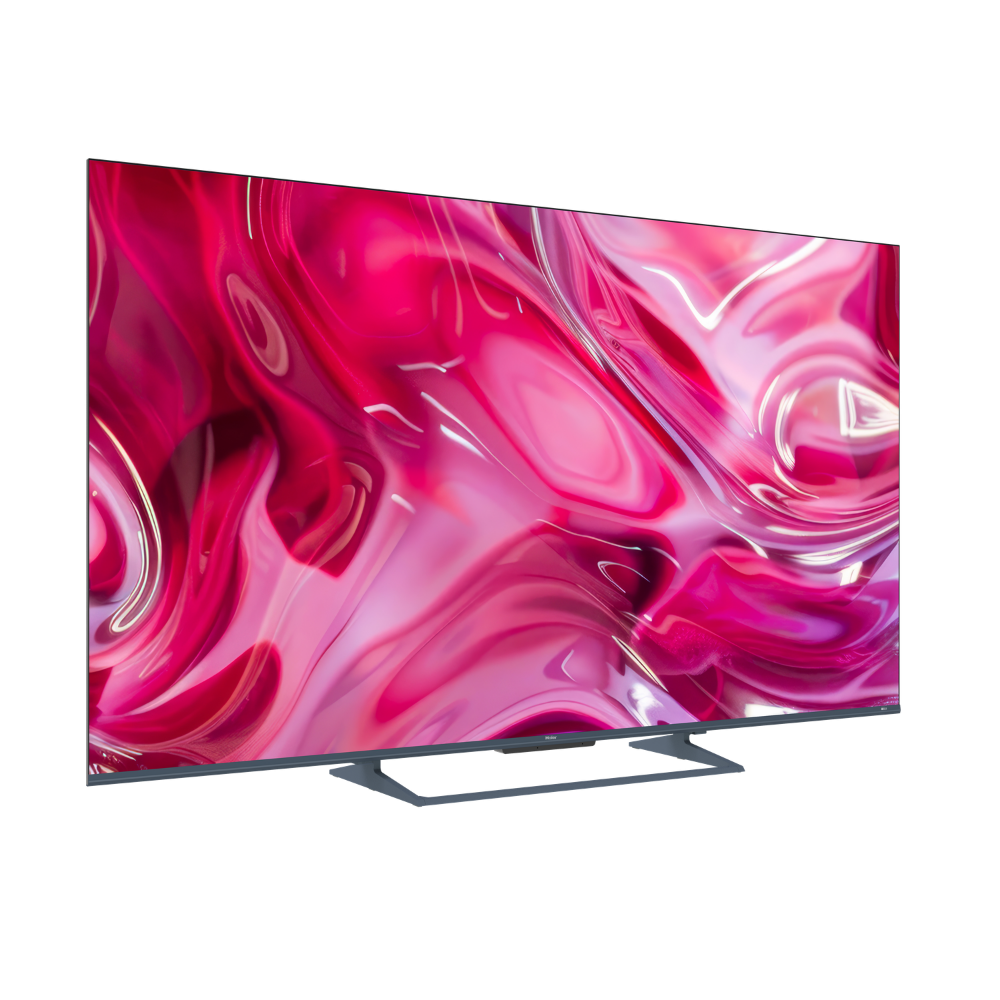 Un televisor moderno con un patrón abstracto y fluido en rosa y blanco en la pantalla.