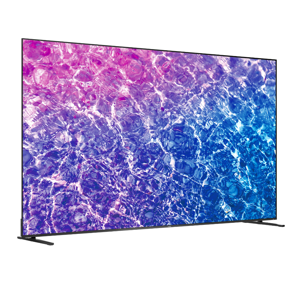 Un televisor moderno que muestra agua con colores degradados de rosa a azul.