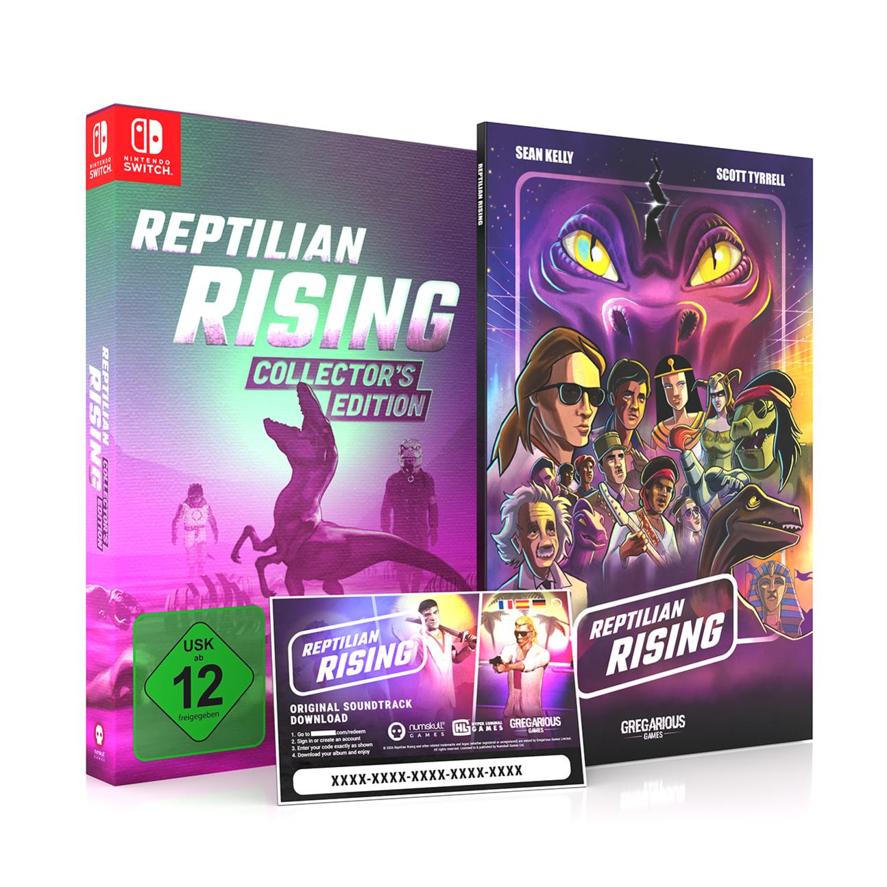 Sammleredition von Reptilian Rising, Nintendo Switch. Enthält Spiel, Soundtrack-Code, USK 12.