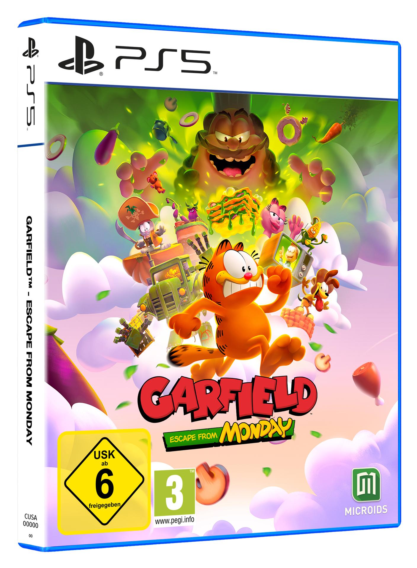 Garfield-Videospielcover mit Garfield, Odie und dem Bösewicht auf einer bunten Wolkenlandschaft.