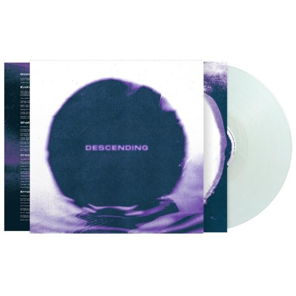 Eine Schallplatte mit einem dunkelvioletten Cover mit dem Wort DESCENDING und einer hellblauen Schallplatte.