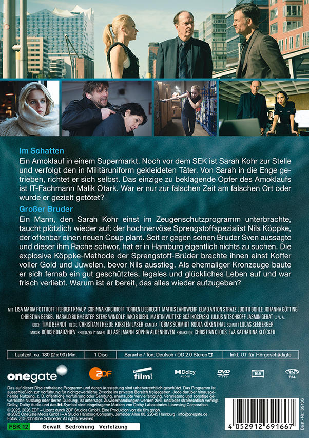 Filmplakat mit drei Szenen: Amoklauf, Geisel, Sprengstoffexperte.