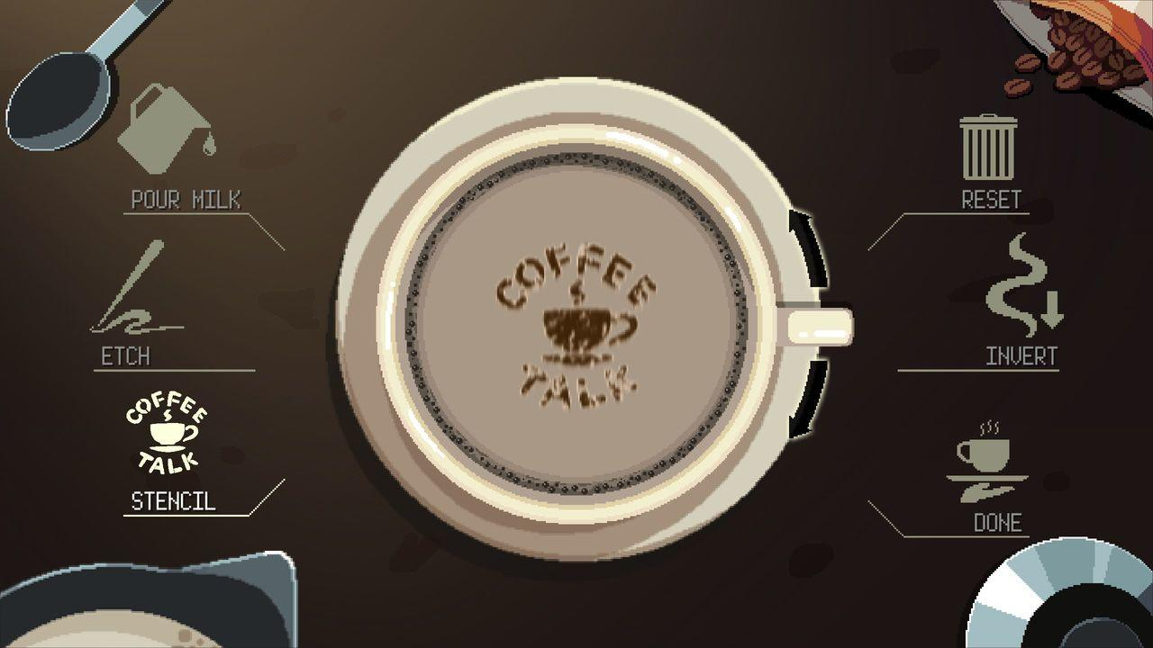 Pixel-Art-Spieloberfläche zur Kaffeezubereitung mit Optionen: Milch eingießen, ätzen, Schablone, zurücksetzen, invertieren, fertig.