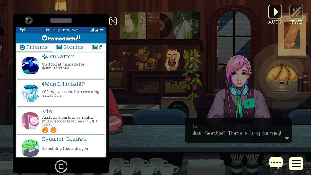 Pixelgrafik einer Bar mit einer Kellnerin und einer Social-Media-App auf einem Handy.