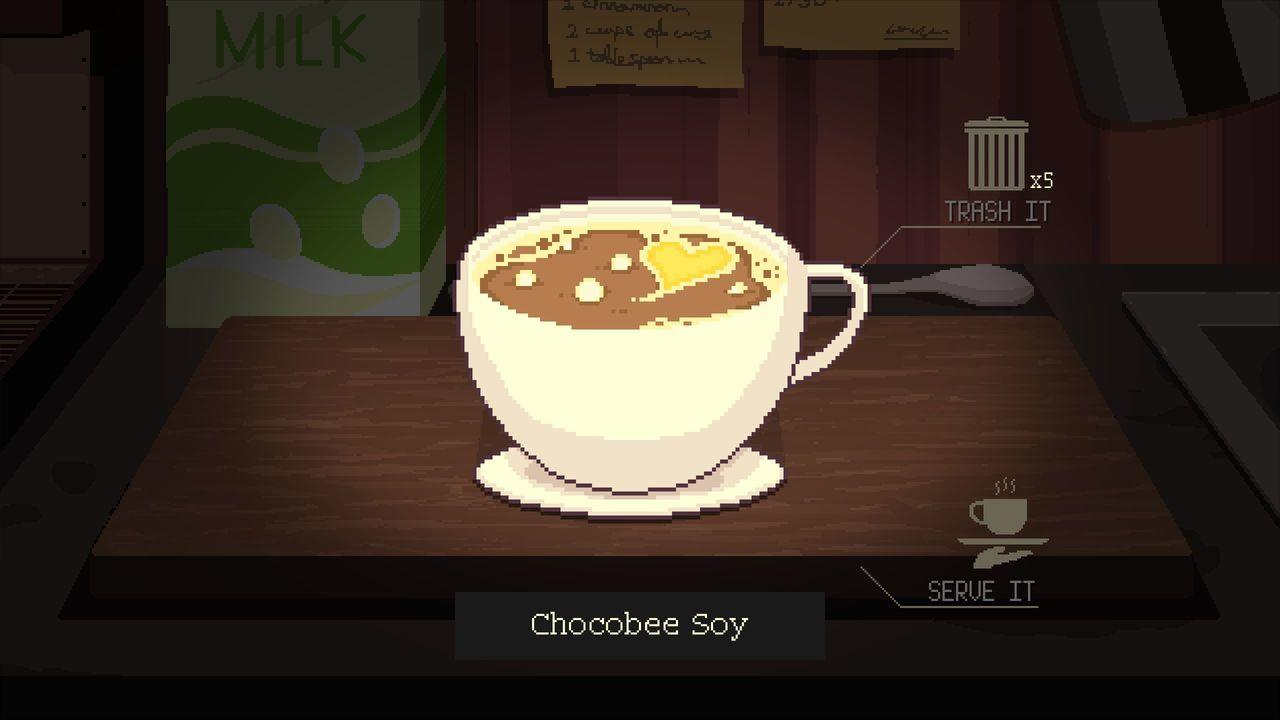 Eine Tasse Chocobee Soy auf einem Holzbrett, mit Milchpackung und Kochutensilien.