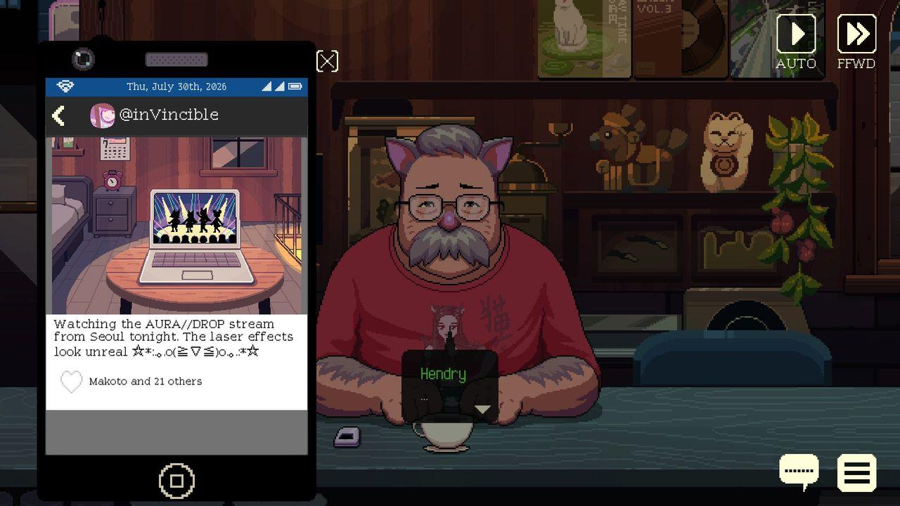 Pixel-Art-Szene mit einem Mann mit Katzenohren, der vor einem Handy sitzt.