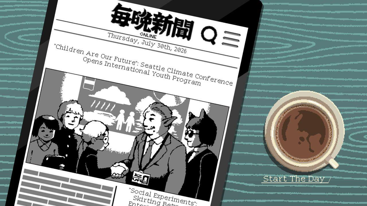 Eine Zeitung auf einem Tablet zeigt Kinder, die eine Konferenz besuchen. Daneben eine Kaffeetasse.