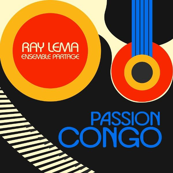 Abstrakte Album-Kunst mit Kreisen und Text. Ray Lema Ensemble Partage Passion Congo.
