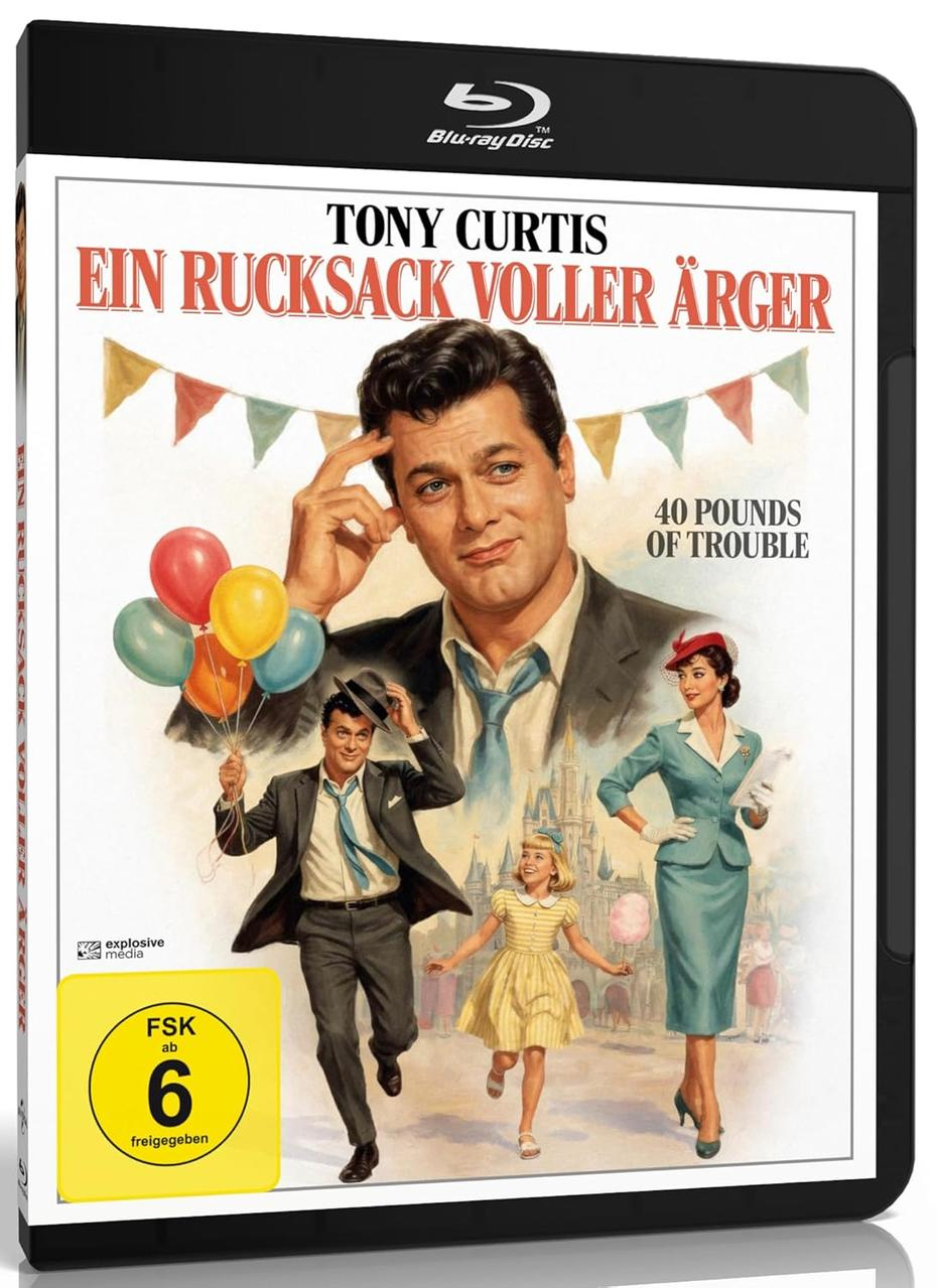 Filmcover: Tony Curtis mit Ballons, einem Mädchen und einer Frau vor einer Burg.