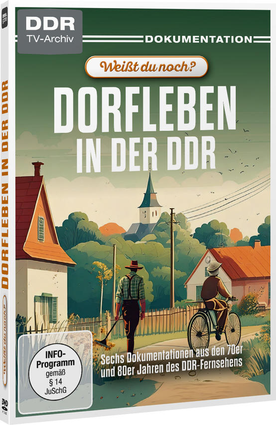 Ein Mann mit Hut und Latzhose fegt, ein Radfahrer fährt auf einem Weg in einem Dorf.