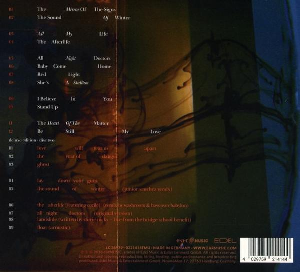 Rückseite eines Albums mit Songtiteln und Barcode auf dunklem, flüssigkeitsähnlichem Hintergrund.
