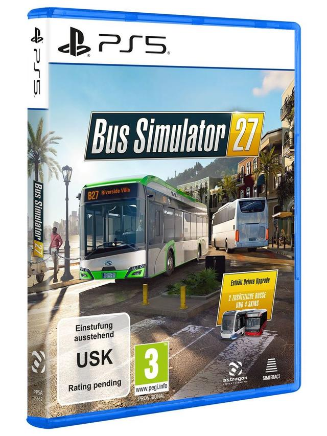 PS5 Bus Simulator 27 Hülle mit einem grünen Bus vorne und einem weißen Bus hinten.