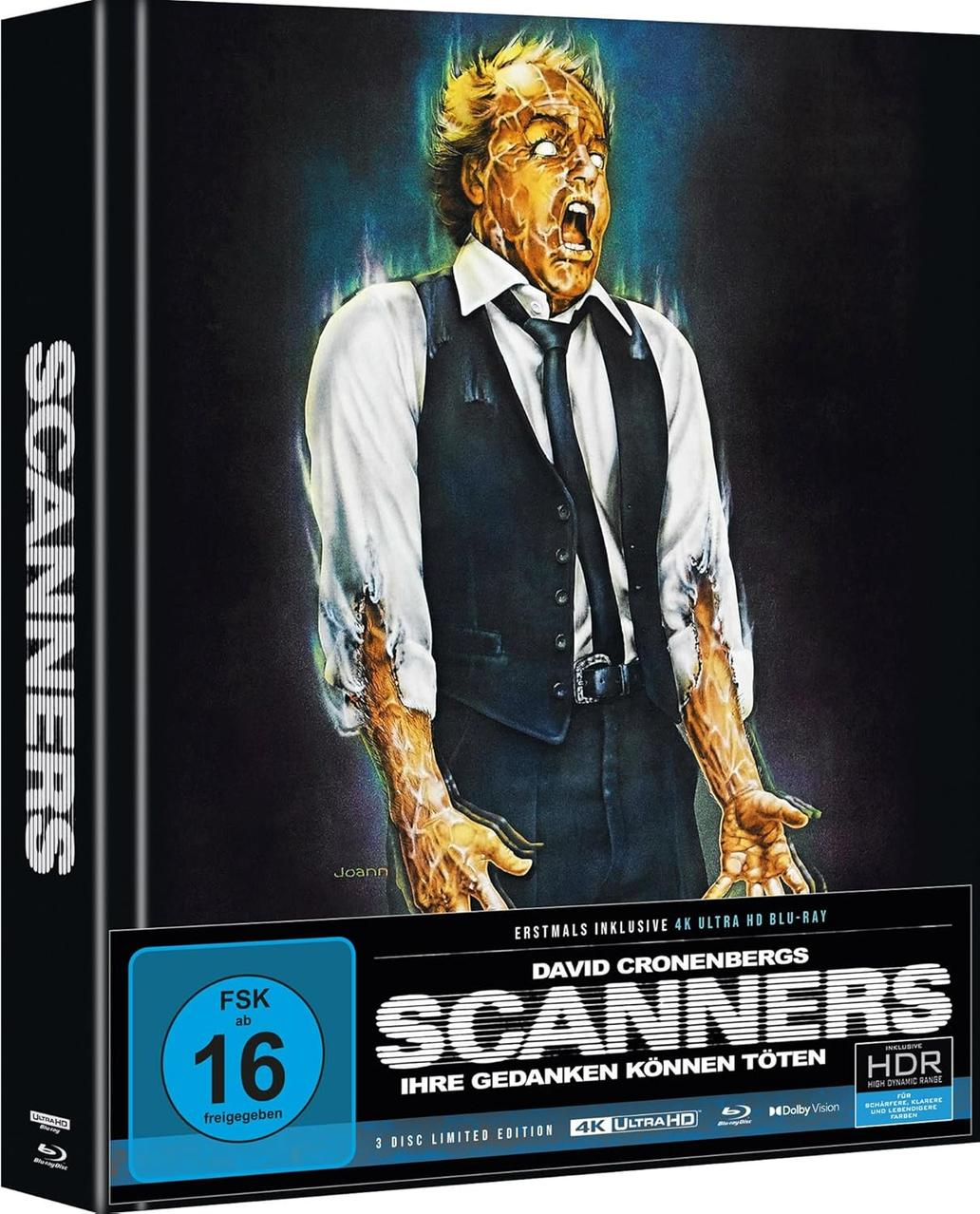 Eine Person mit explodierendem Kopf, umgeben von Aura. "Scanners" Blu-Ray Cover.