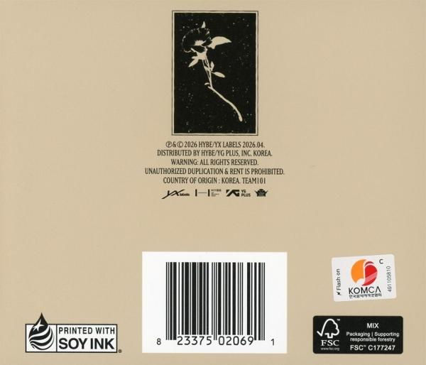 Rückseite eines Albums mit Schwarz-Weiß-Rose, Barcode und Siegeln.