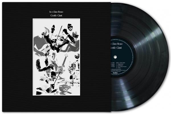 Schwarzes Vinyl-Albumcover mit Schwarz-Weiß-Bild einer Band und einer Schallplatte.