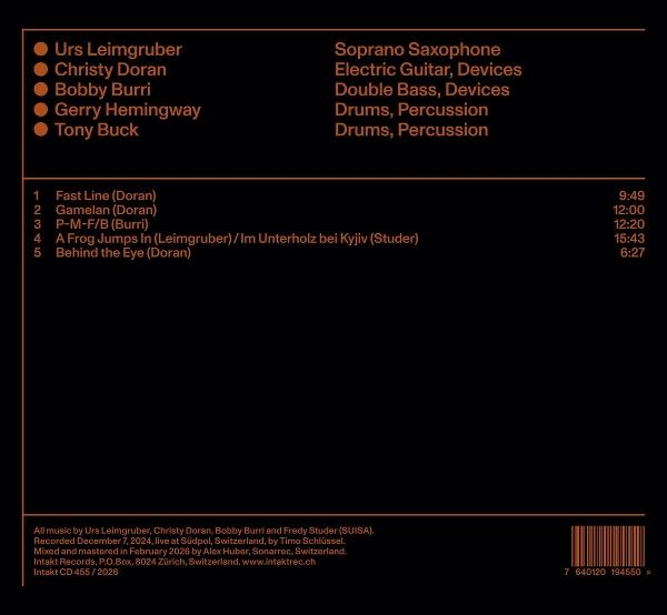 Liste mit Musikern, Instrumenten und Songtiteln mit Längen auf schwarzem Hintergrund.
