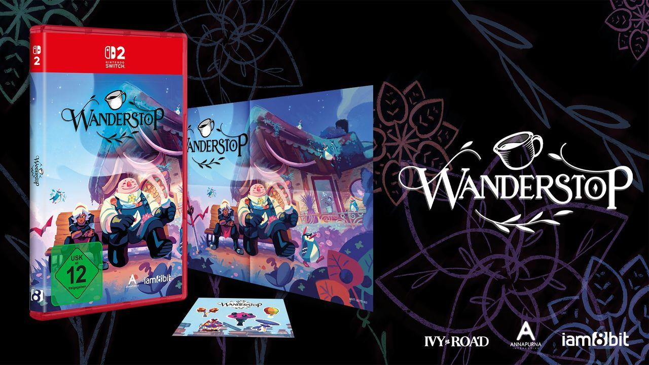 Wanderstop Nintendo Switch Spielhülle, Poster und Aufkleber mit Charakteren.